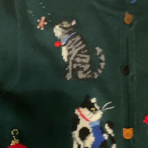 Vintage Y2K 2001 Womens XL Christmas Cat Bells Wool Blend Knit Cardigan Sweater - Picture 3 of 10